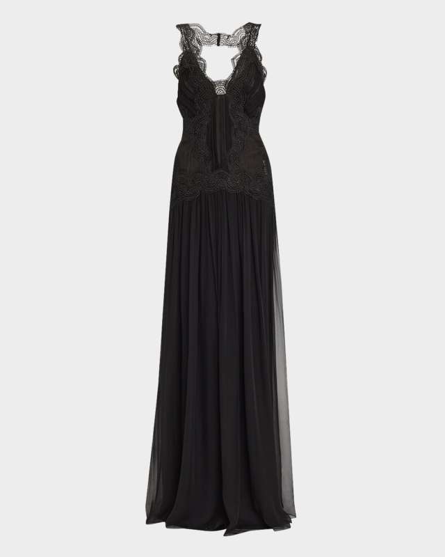 Lace Drop-Waist Organic Chiffon Backless Gown